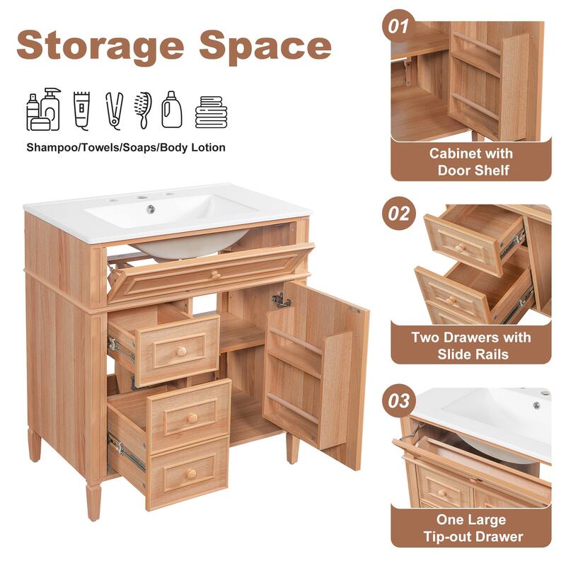30 Inch Bathroom Vanity with Sink, Solid Wood Cabinet with Flip-Out Drawer and Soft-Close Doors