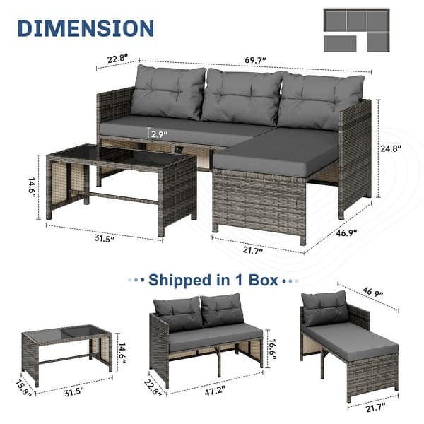 dimension image slide 1 of 3, 3-Piece Outdoor Wicker Sectional Sofa Set, Patio Furniture with Chaise Lounge & Coffee Table - N/A