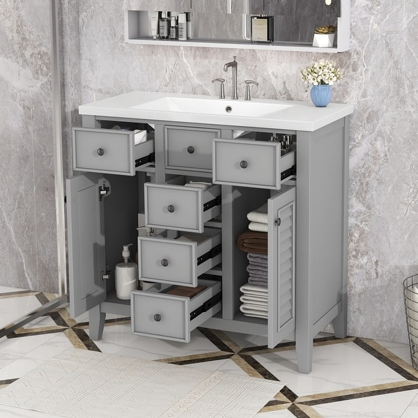 slide 2 of 36, 36" Bathroom Vanity with Ceramic Basin with Two Cabinets and Five Drawers