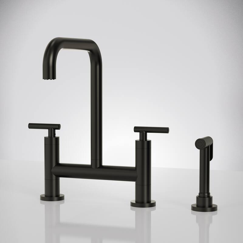 2-Handle Deck Mount Kitchen Faucet 2-Hole Bridge Kitchen Faucet with Side Sprayer - Matte Black