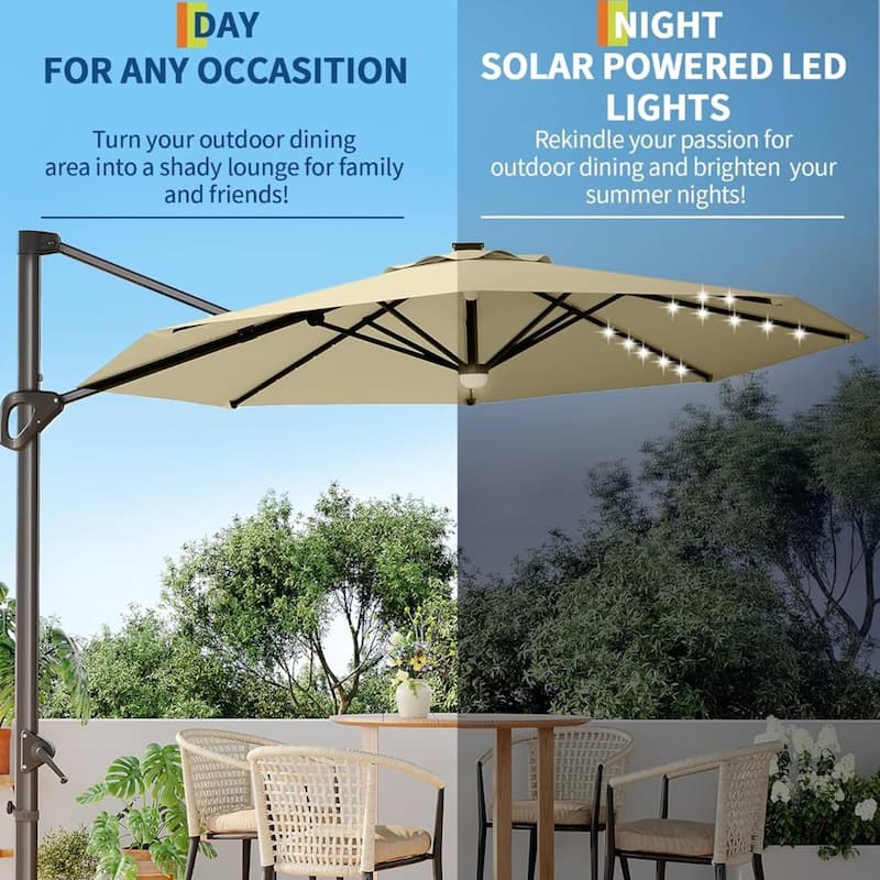 10FT Outdoor Patio Cantilever Umbrella with LED for Garden Pool Deck BackYard