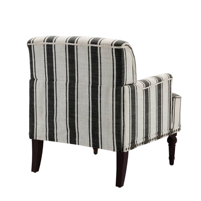 Set 2 Striped Upholstered Linen Armchair with Brass Nailhead Trim