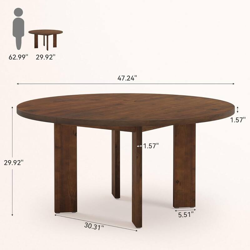 47.24" Farmhouse Solid Wood Round Dining Table for 4-6 People - Brown
