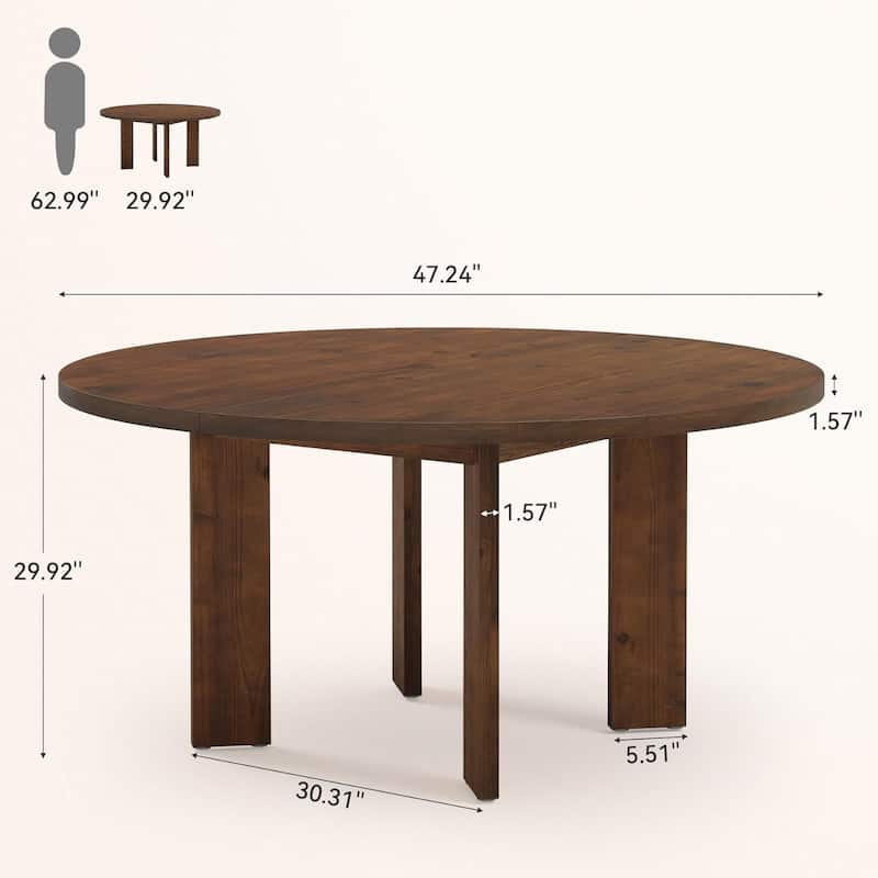 Farmhouse 47.24" Solid Wood Round Dining Table for 4-6 People, Dinner Table, Wooden Kitchen Furniture