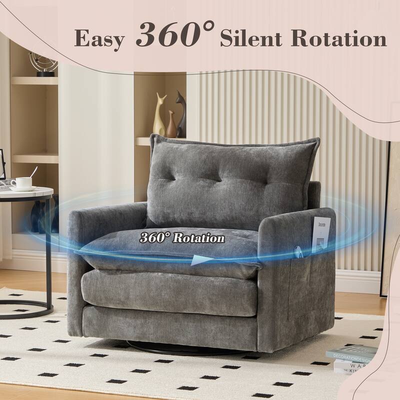 HOMEFUN Chenille Upholstered 360°Degree Swivel Mid Century Modern Arm Chair with Side Pocket for Living Room