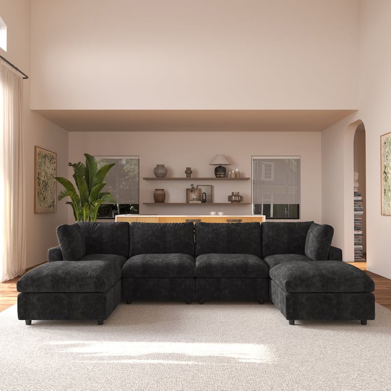 Modern Cloud Sectional Couches for Living Room Set, Chenille U-shaped Sofa Couch - Black -4 seats+ 2 ottoman