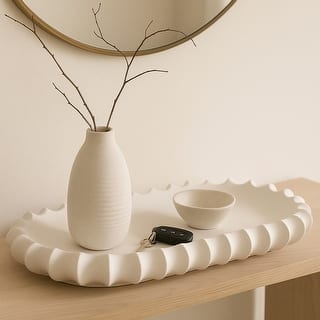 Ceramic Decorative Tray Sculpted Edge Design Modern Decor - 3" Ivory - 18.75"