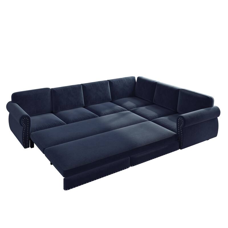 L-Shaped Sectional Sofa with Pull-Out Bed, Oversize Convertible Sleeper Sofa with Rolled Arms, Chenille Upholstery