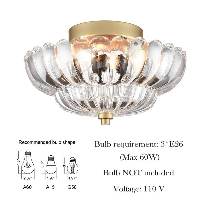 Bolero 3-light Modern Gold Metal with Scalloped Clear Glass Semi Flush Mount Ceiling Light