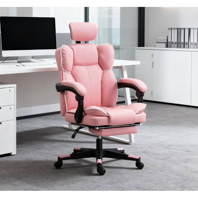 Practical Gaming Office Chair, Specially Designed for Home Gamers & Office Workers, Features Reclining Function & Footrest - Pink