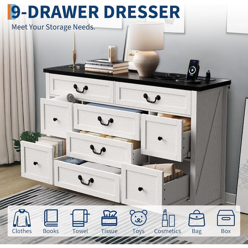 9 Drawer Dresser with Charging Station,54" Wide Wood Dresser with Metal Handle
