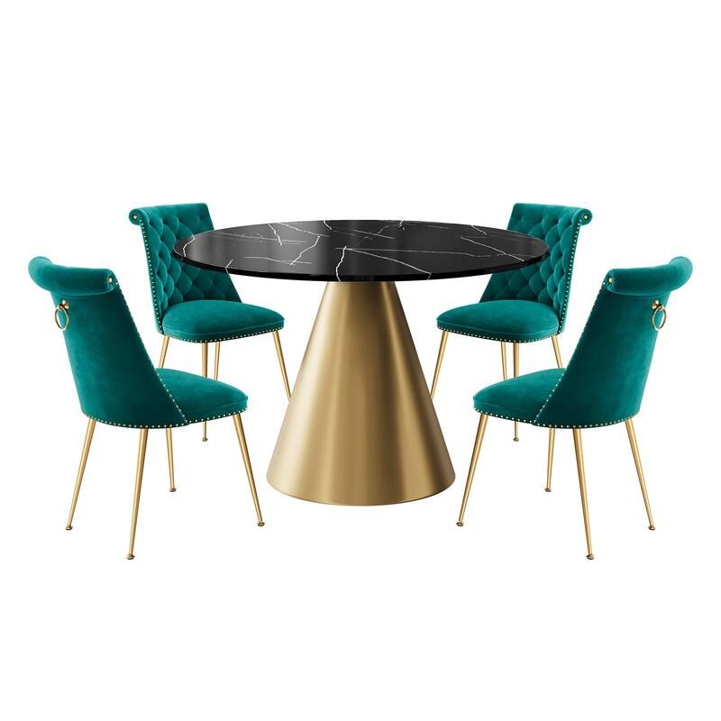 48" Marble Top Metal Dining Table with Velvet Dining Chair Set