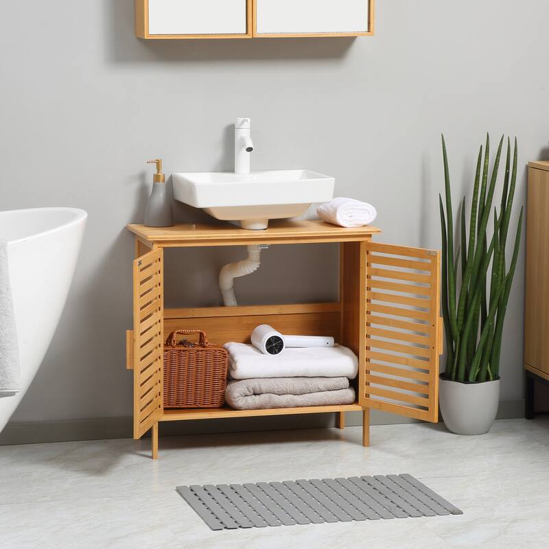 Bamboo Under Sink Cabinet with 2 Slatted Doors, Freestanding Bathroom Sink Cabinet Space Saver Organizer