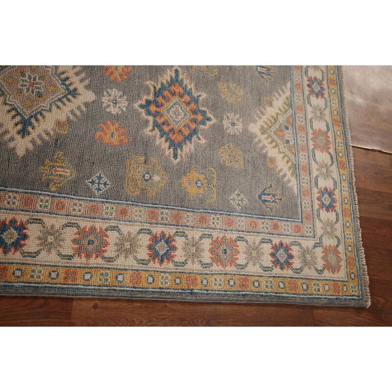 Grey Geometric Kazak Runner Rug Handmade Wool Carpet - 2'10" x 9'10"
