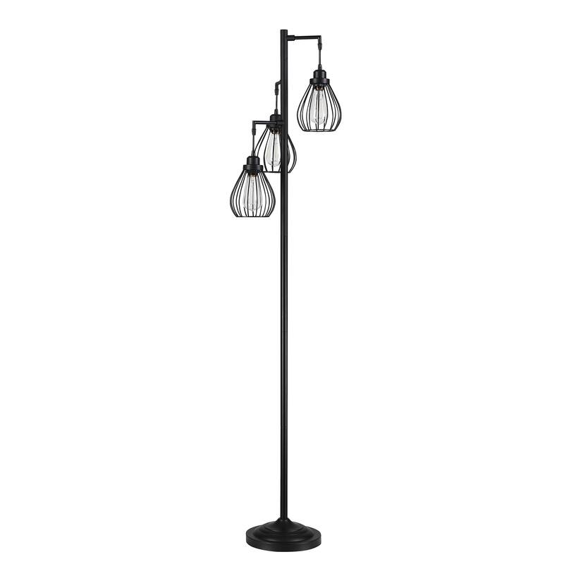 69 in. 3-Light Tree Floor Lamp with Matte Black Finish and Hanging Steel Cage Shade - Black