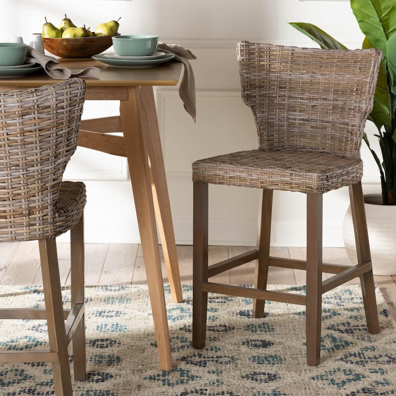 Enver Modern Bohemian Grey Kubu Rattan and Mahogany Wood Counter Stool