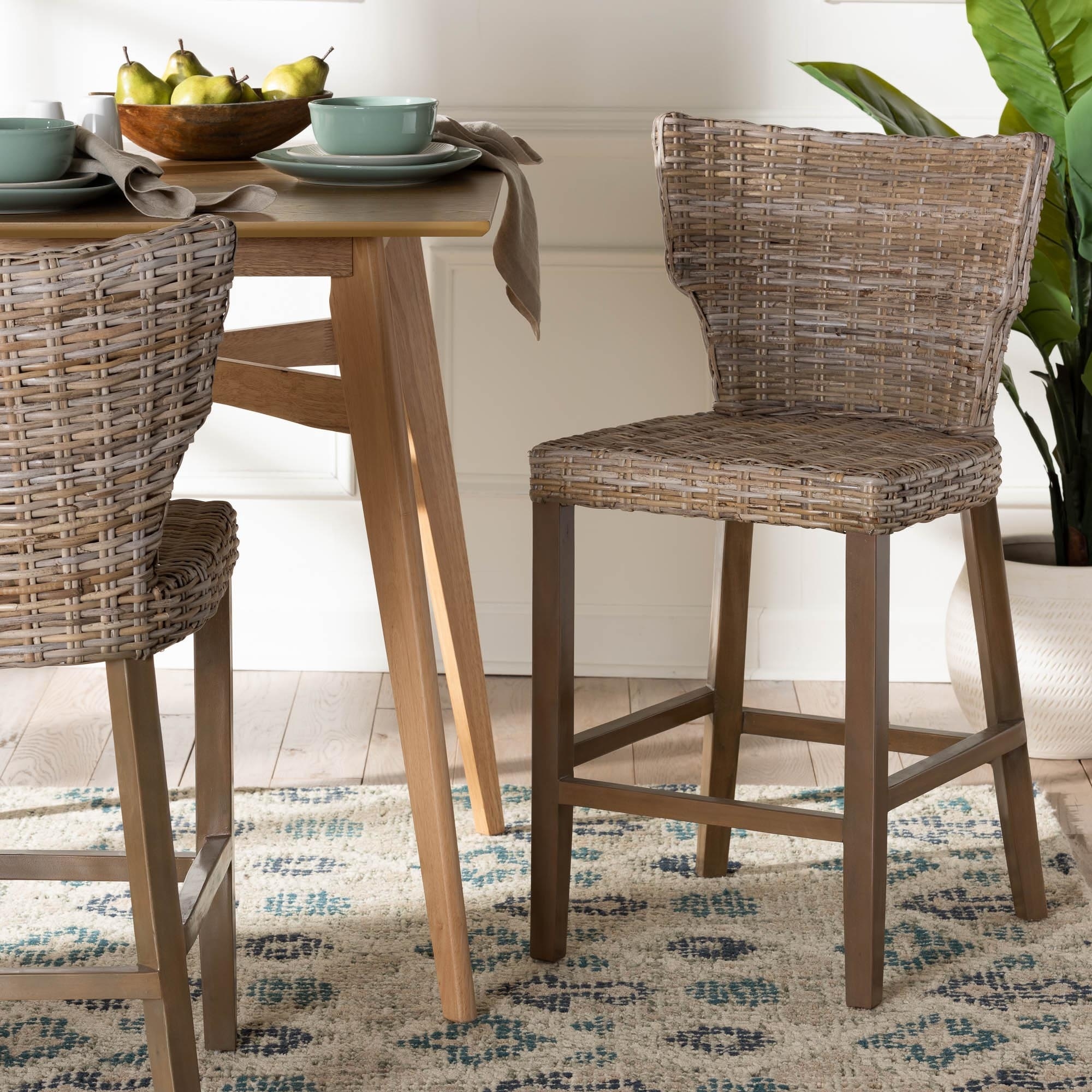 Enver Modern Bohemian Grey Kubu Rattan and Mahogany Wood Counter Stool