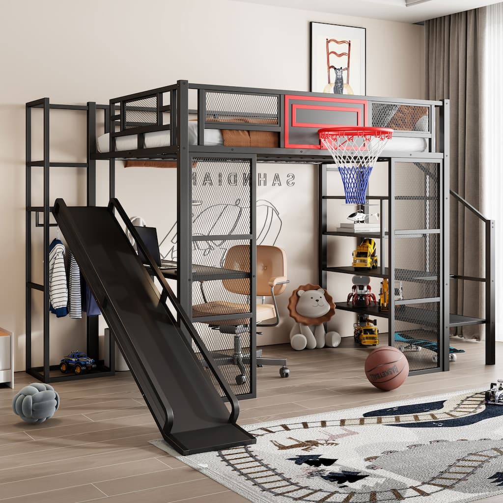 Full Size Metal Loft Bed with Built-in Desk, Wardrobe, Basketball Hoop, Slide, and Staircase