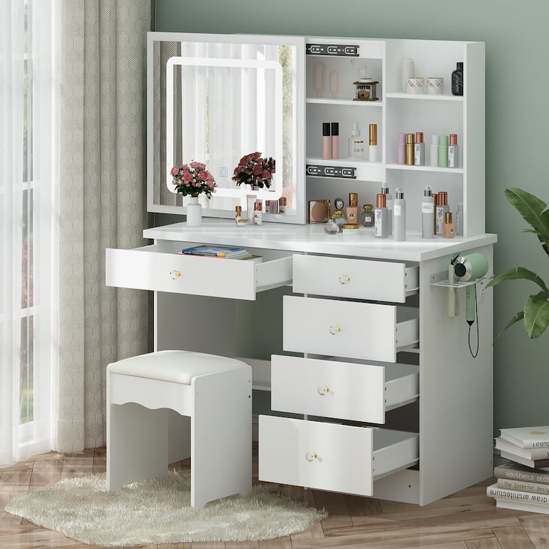 ELEMOVE Modern Dressing Tables with Built-in Lighted Mirror Makeup Vanity Desk Set Storage Drawers Shelves Outlets