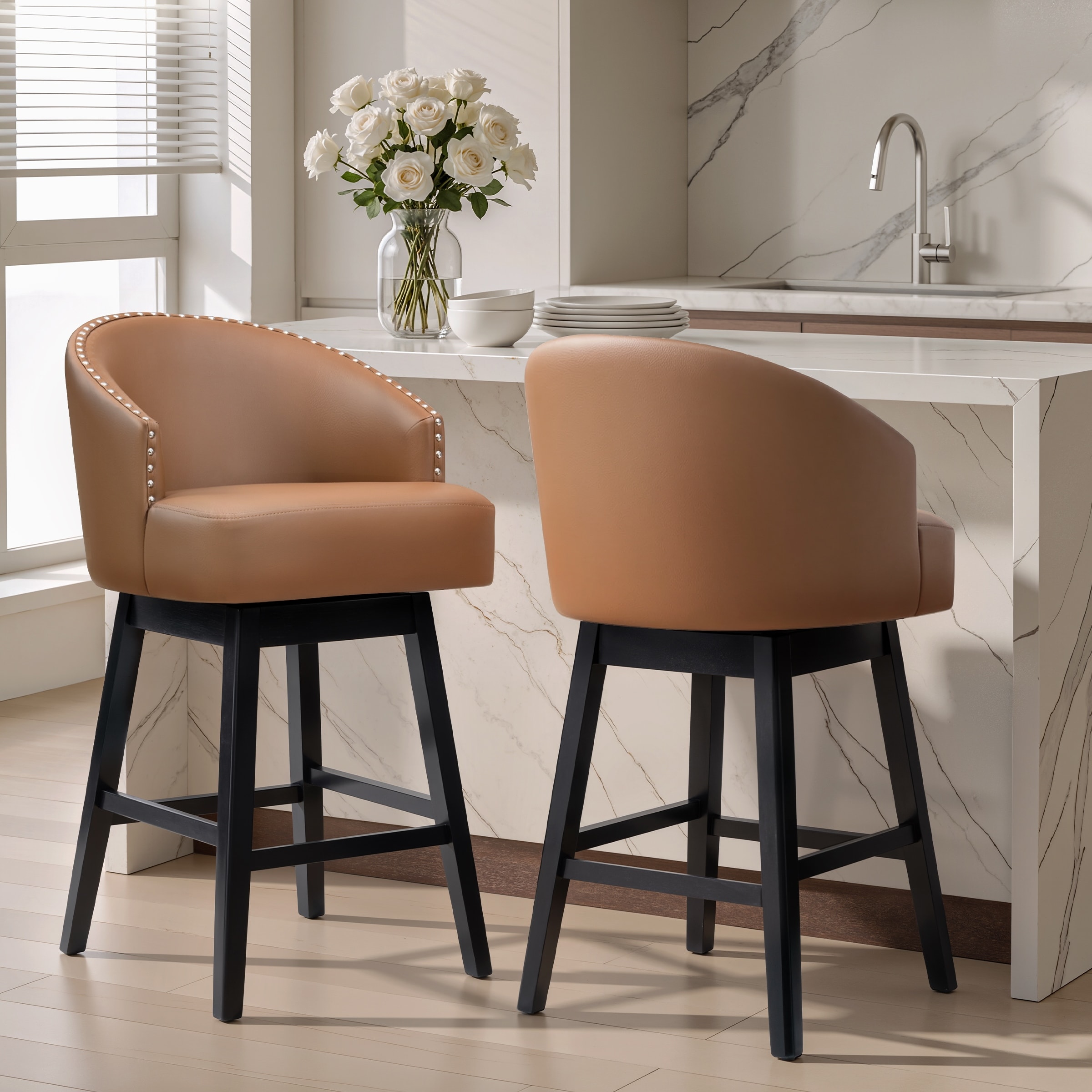 30.3'' H Solid Wood Swivel Faux Leather Bar Stools