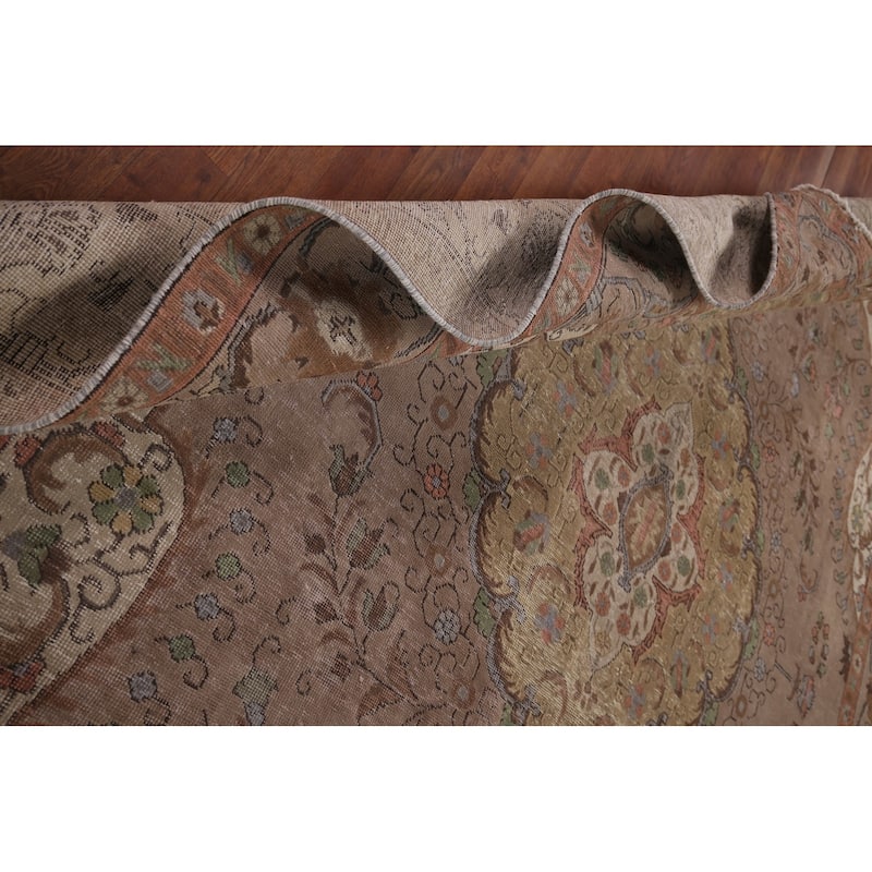 Brown Tabriz Persian Vintage Area Rug Hand-Knotted Wool Carpet - 8'0" x 10'11"