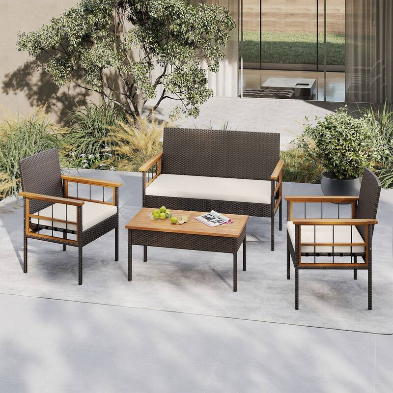 Gymax Set of 8 Wicker Furniture Set w/Acacia Wood Tabletop Armrests