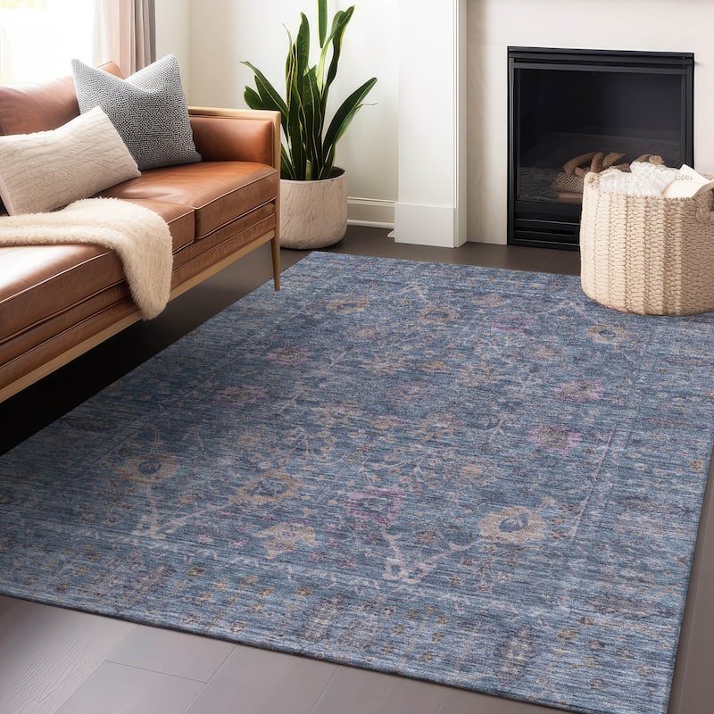 Machine Washable Indoor/ Outdoor Vintage Traditional Chantille Rug - Blue - 9' x 12'