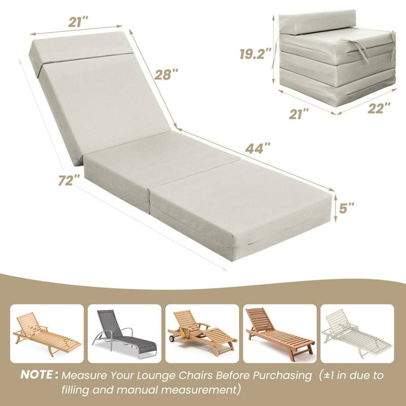 2 Pcs Chaise Lounge Cushions Outdoor, Removable Cover, Beige/Blue