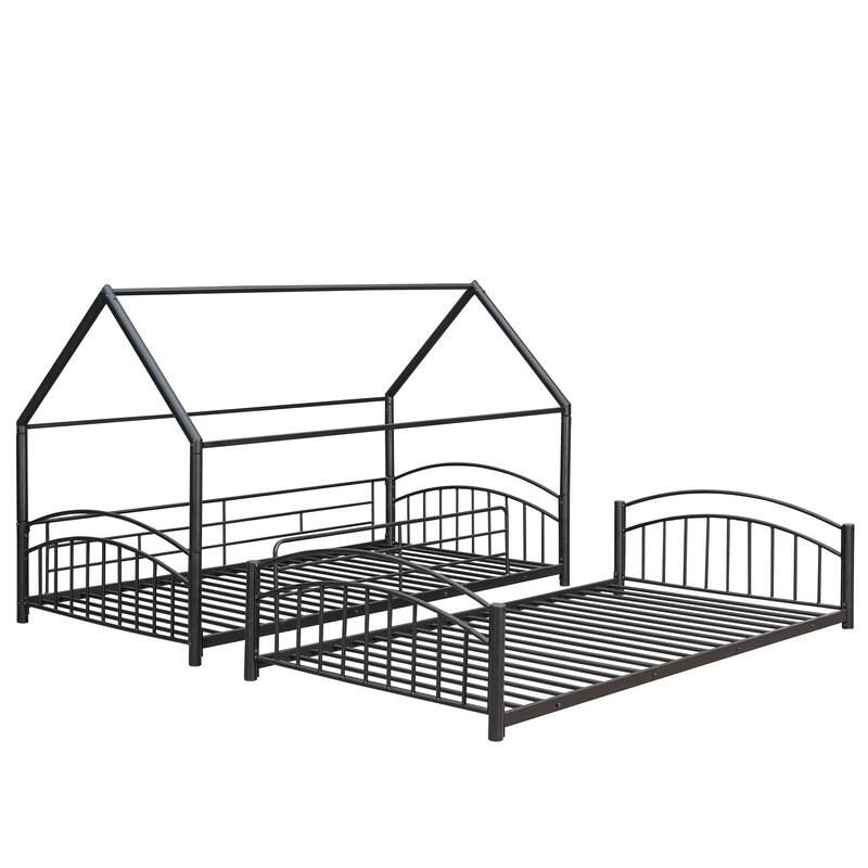 Black Twin over Twin Metal Bunk Bed with Slide, Roof, Fence, and Ladder