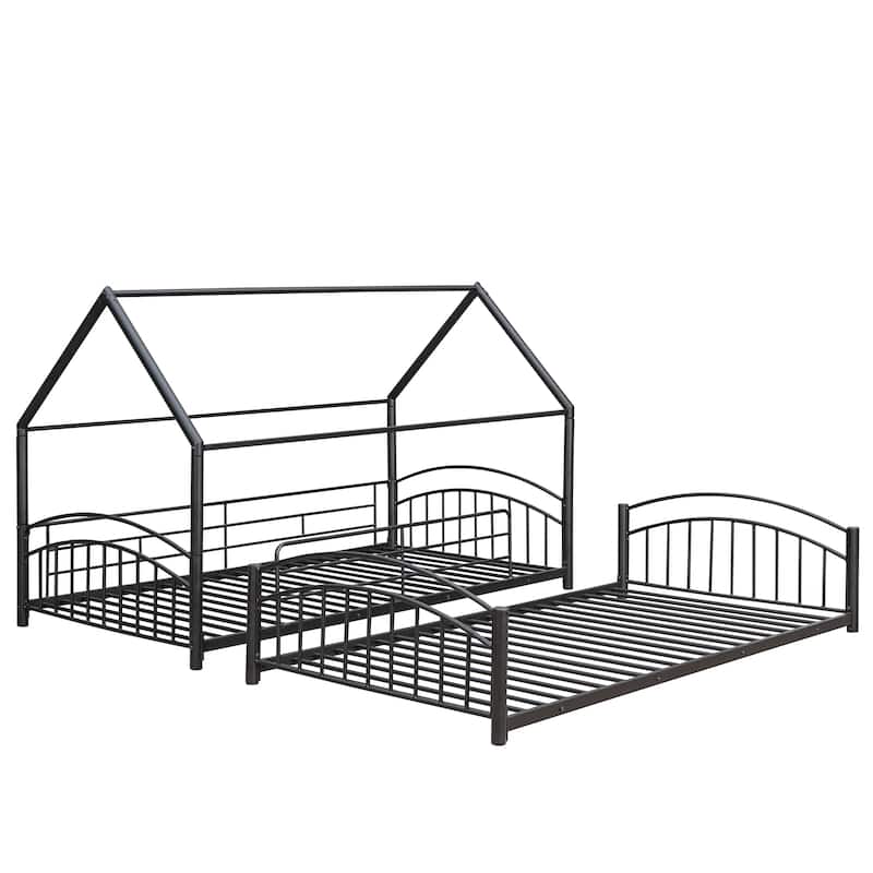 Kids House Bed, Twin Over Twin Metal Bunk Bed Convertible 2 Twin Beds