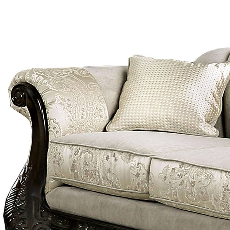 Chenille Fabric Upholstered Loveseat with Arched Back, Beige and Brown