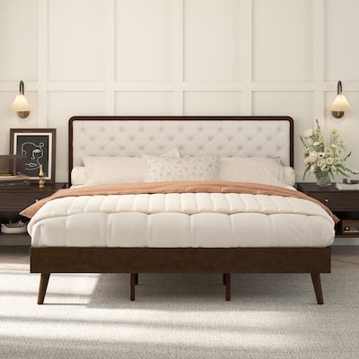 LUE BONA Solid Wood Panel Platform Bed with Button Tufted Headboard, Multi-Size wooden Rustic Bed Frame Bedroom Furniture