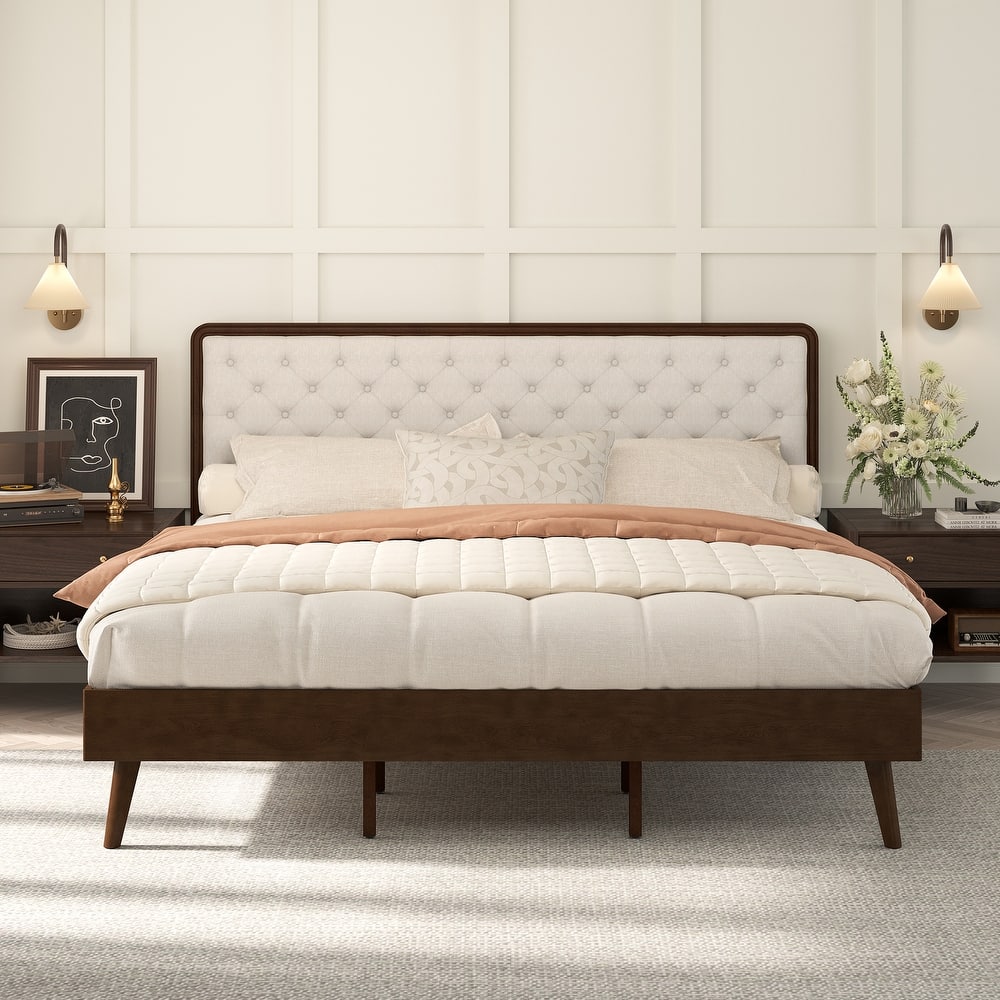 Solid Wood Panel Platform Bed with Button Tufted Headboard, Multi-Size wooden Rustic Bed Frame Bedroom Furniture