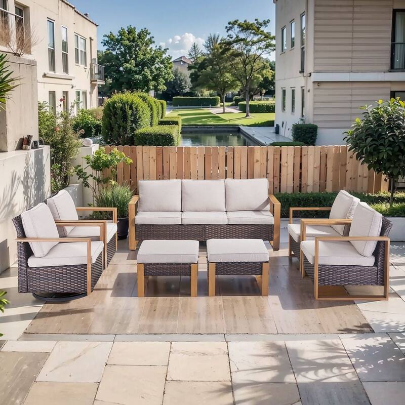Pocassy Outdoor Sofa, Swivel Chair, Patio Chair Ottoman Set - 7 Pieces Sofa Chairs w/ Ottoman - Brown Wicker Beige Cushion