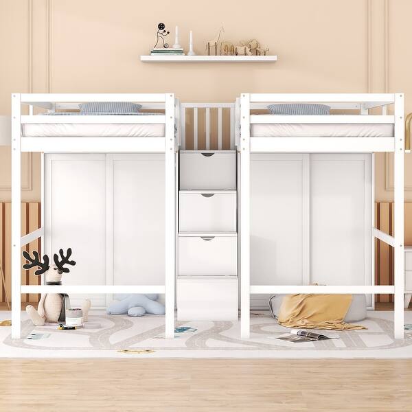 slide 2 of 33, Double Loft Beds with Storage Stairs, 2 Wardrobes - Twin Size White - Twin