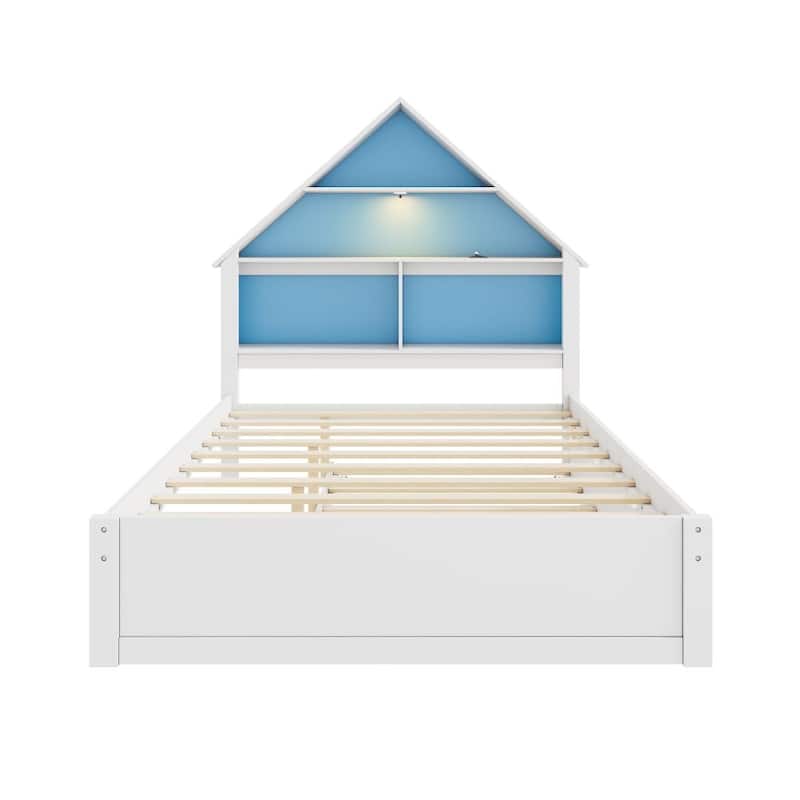 Full Size House-Shaped Bed with Bookcase Headboard and Led Light and Twin Size Trundle