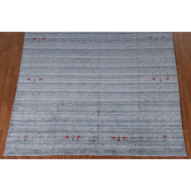 Striped Blue Gabbeh Indian Area Rug Hand-Knotted Oriental Wool Carpet - 7'8"x 9'7"