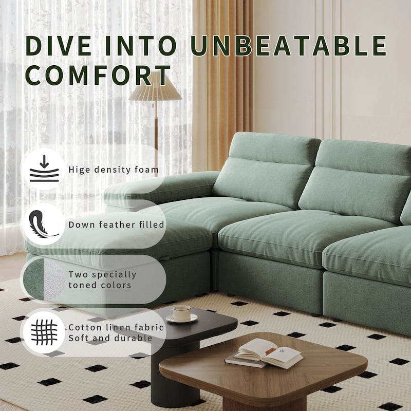 GDFStudio - Modern Adjustable 114" Modular Sofa with Cotton Linen Reclining Backrest and Storage