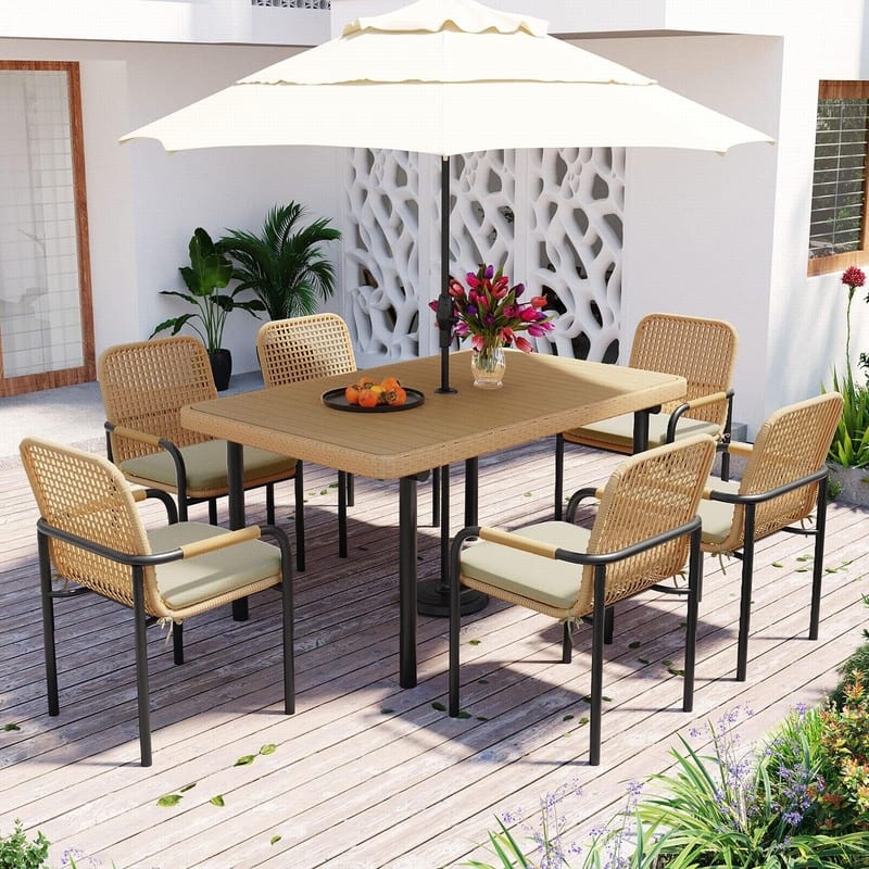7 Piece Outdoor Wicker Dining Set with Plastic Wood Table Top and Removable Cushions for Patio Use