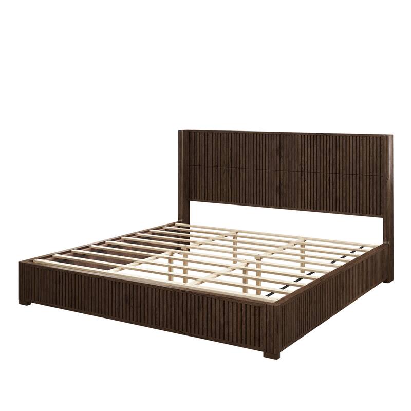 GDFStudio - Modern Solid Wood Low-Profile Platform Bed Frame with Fluted Headboard, Heavy-Duty Support & No Box Spring Needed