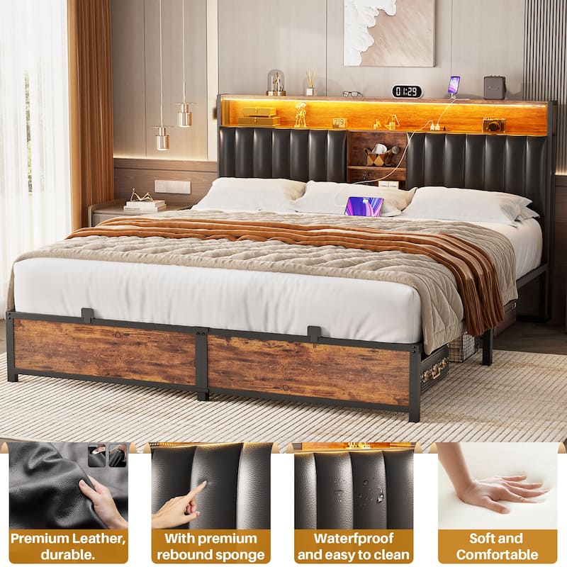 Upholstered Bed Frame with Storage Shelving, Platform Beds with Charge Station and LED Lights