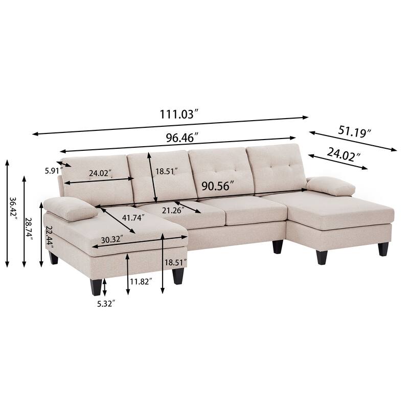Jarenie U-Shaped 4 Seat Sectional Sofa Couch with Double Chaise for Living Room