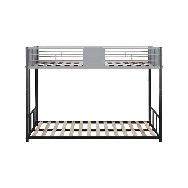 Durable Twin Over Twin Metal Bunk Bed with Vent Board Guardrails, Noise-Free Wood Slats, and Safety Ladder