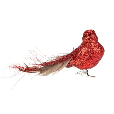 7" Red Brown Glittered Bird Feather Tail Christmas Ornament Clip