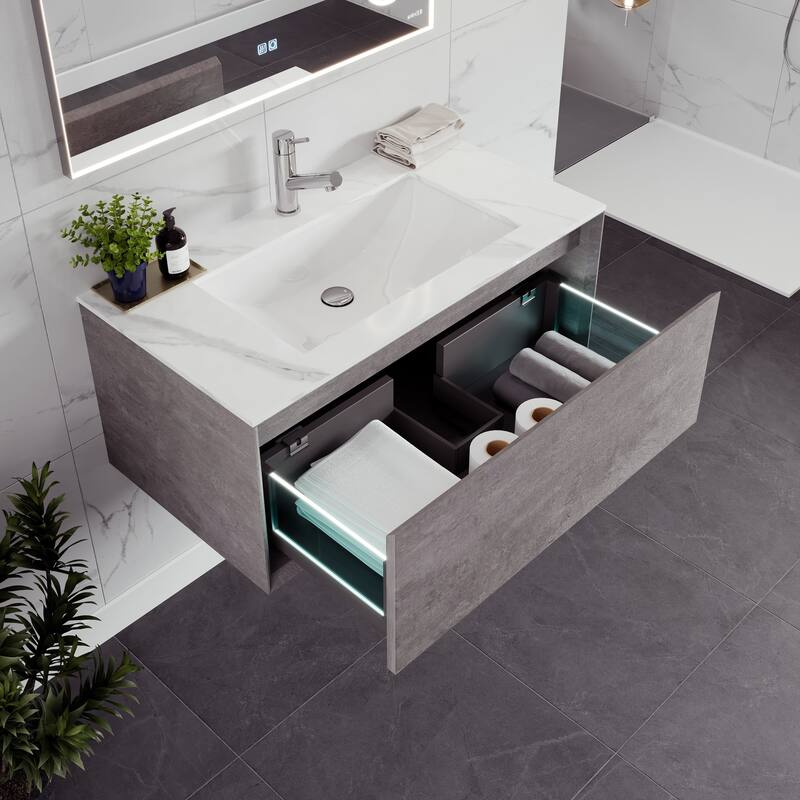 Eviva Aurora 36" Concrete Gray Wall Mount Bath Vanity with Carrara Quartz Top