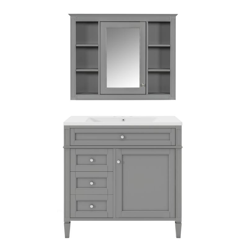 36"Freestanding Bathroom Vanity with Resin Sink and Mirror Cabinet - Grey