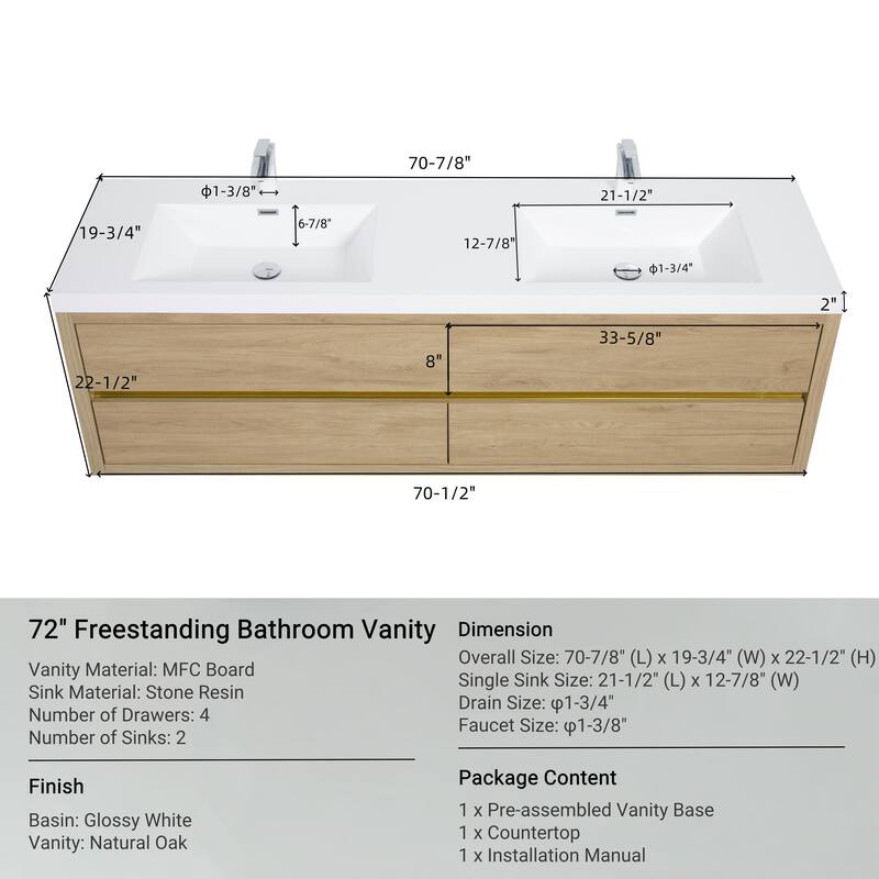 GDFStudio - Maxwell Floating Bathroom Vanity with Stone Resin Countertop & Soft-Close Drawers