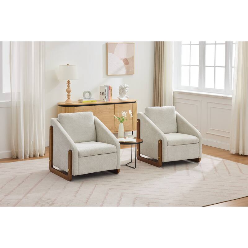 Modern Chenille Upholstered Armchair with Wooden Side Frame, Single Accent Leisure Chair with Backrest for Living Room, Bedroom