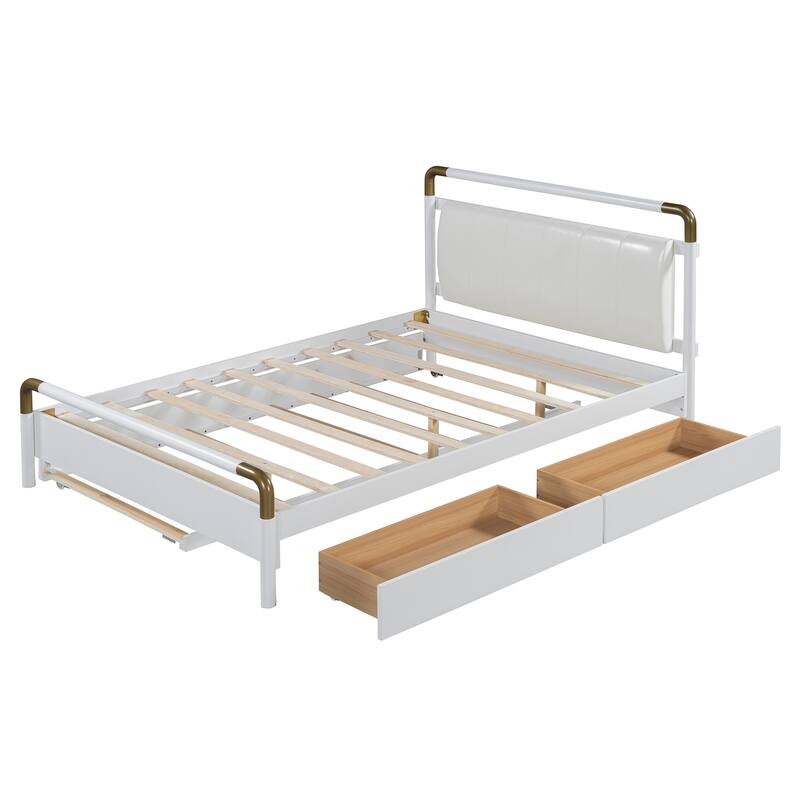 Queen Size Platform Bed with PU Backrest, Trundle Bed & 2 Storage Drawers