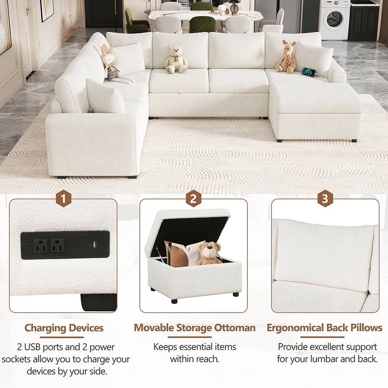 112.2" Sleeper Sectional Sofa with Ottoman, 3 Pillows and USB Ports